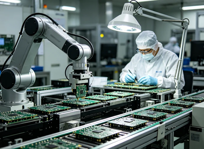 Macro industrial photograph of a precision micro automatic riveting machine head setting a tiny silver contact point onto a copper terminal on a circuit board, within a clean and controlled electronics manufacturing environment.