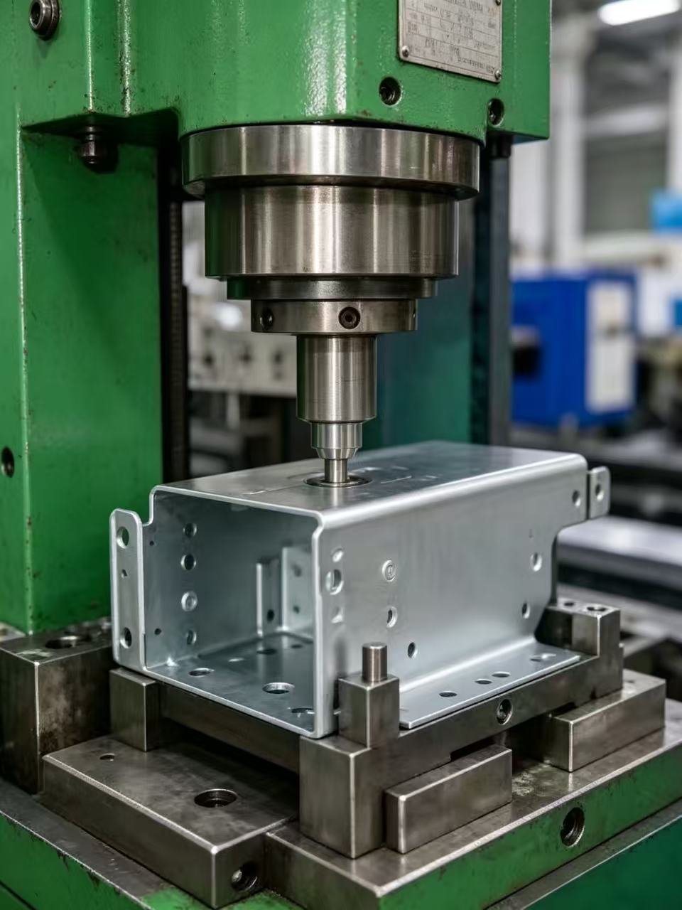 Heavy-duty industrial photograph of a large hydraulic press riveting system applying strong, consistent pressure to clench a metal stamping component (like an electrical box case) onto its bracket, emphasizing machine strength and robust construction.