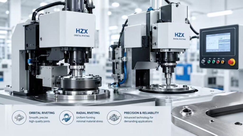 Orbital and radial riveting machine creating precise stress-free metal joints for industrial assembly applications