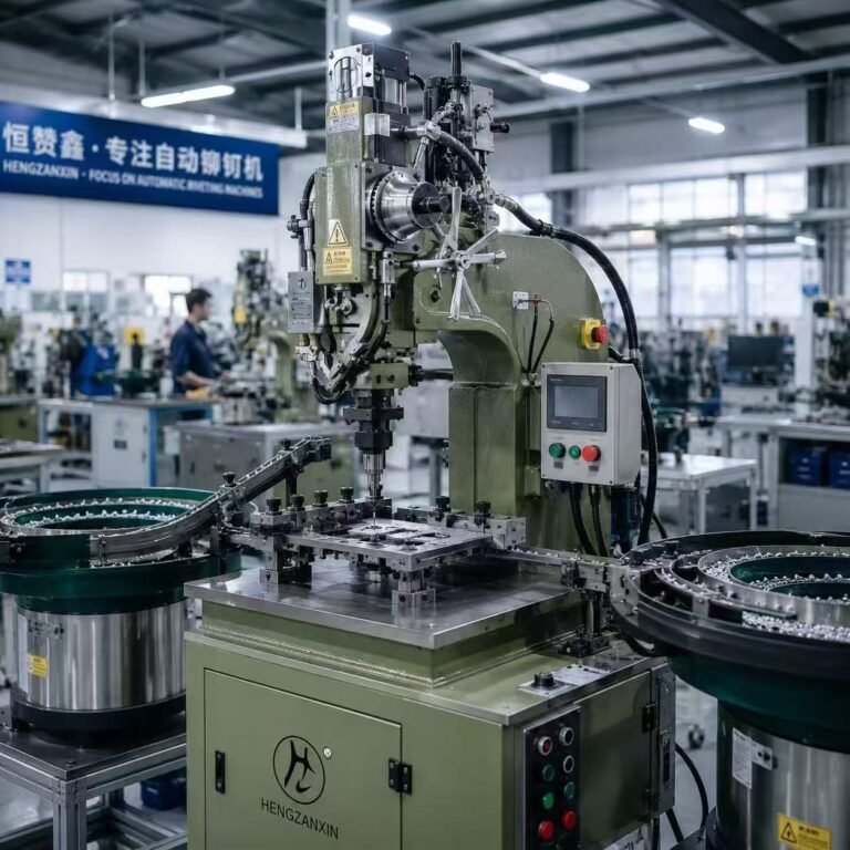 HZX automatic riveting machine with vibrating feeder bowls processing metal hardware parts in Hengzanxin factory workshop