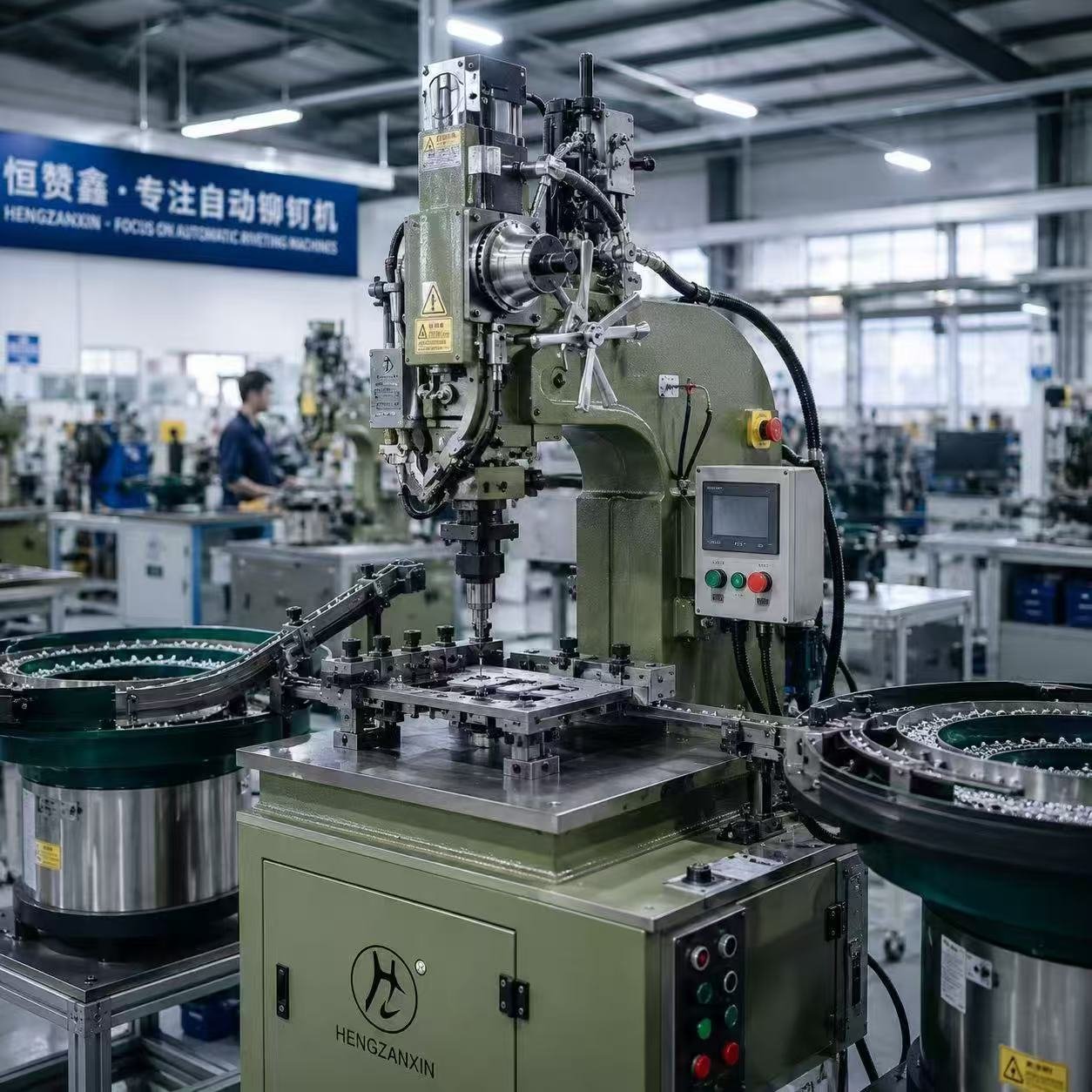 HZX automatic riveting machine with vibrating feeder bowls processing metal hardware parts in Hengzanxin factory workshop