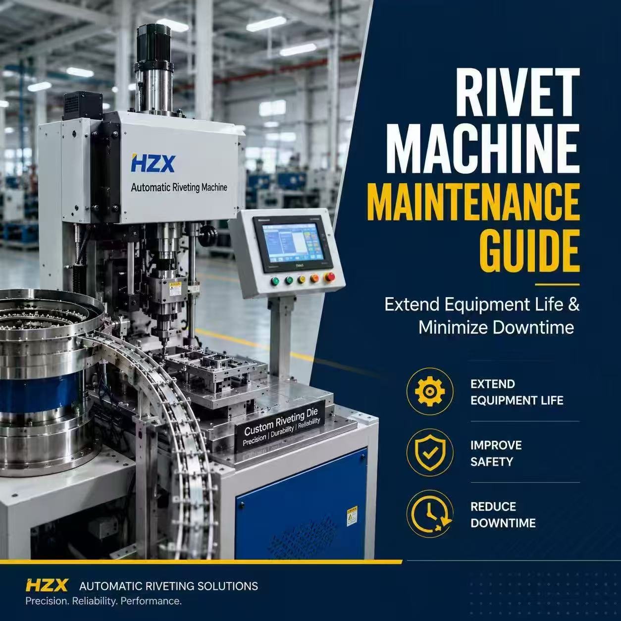 Industrial automatic riveting machine by professional manufacture HZX with custom feeding molds in clean factory workshop.