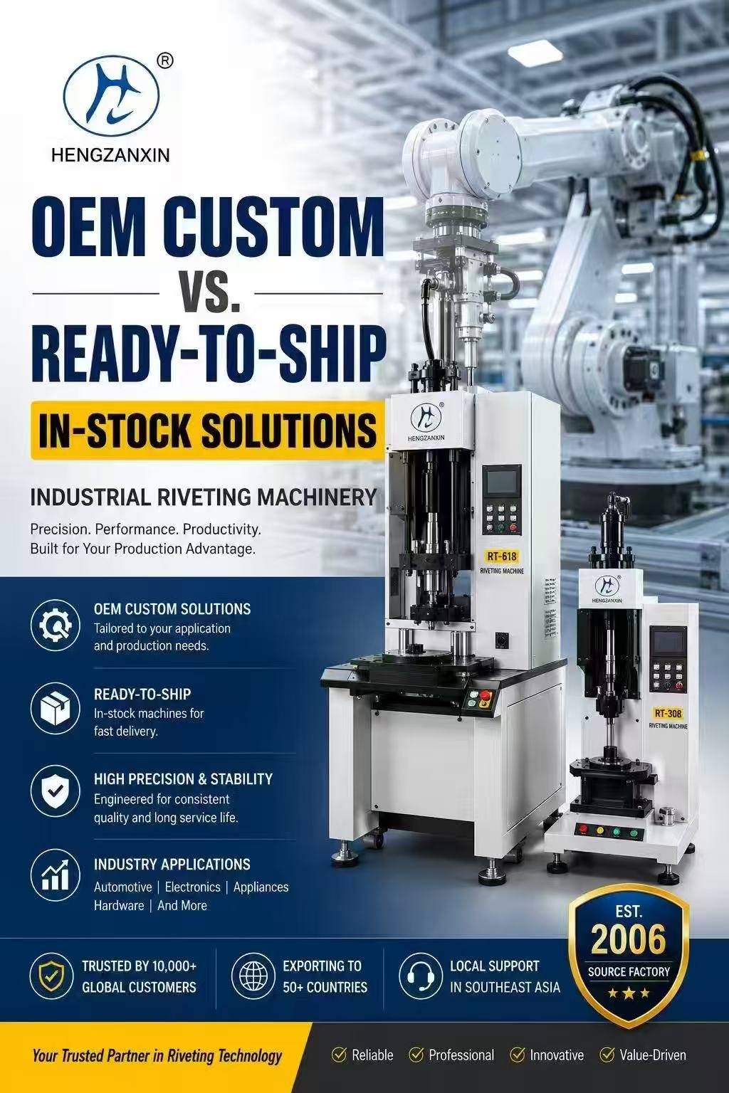 Hengzanxin automatic riveting machinery manufacture source factory in Dongguan showcasing OEM custom versus ready to ship in stock solutions for B2B industrial buyers