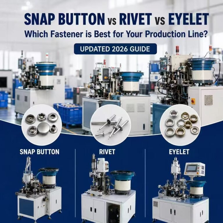 HZX automatic riveting and eyelet punching machines installing fasteners on a manufacturing production line