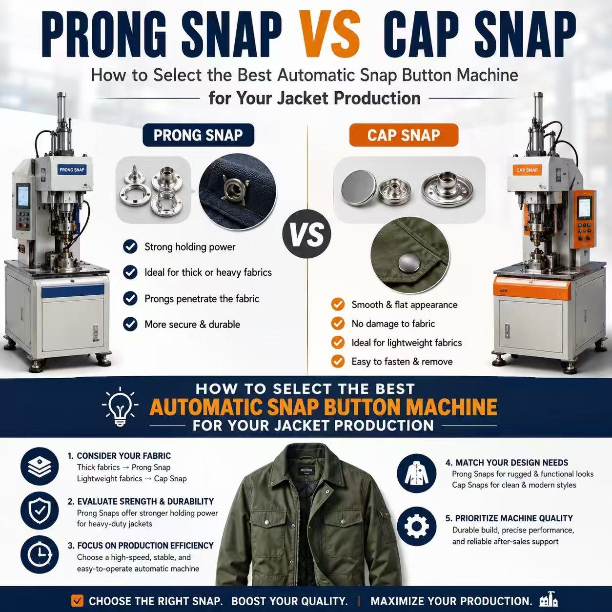 HZX automatic snap button machine installing prong and cap snaps on industrial jacket fabrics